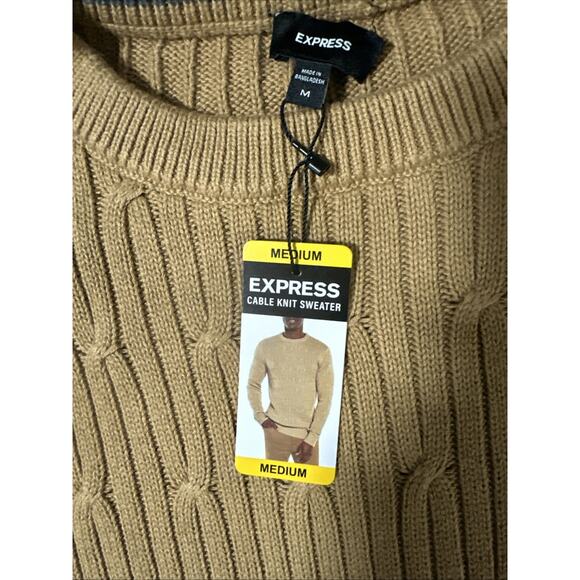 Express Men's 100% Cotton Crew Neck Warm Cable Knit Sweater Pecan Size Medium - Picture 2 of 3